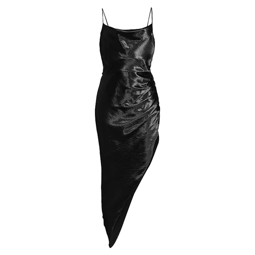 NWT Aiifos Martha Satin Asymmetric Midi-Dress Black Metallic
